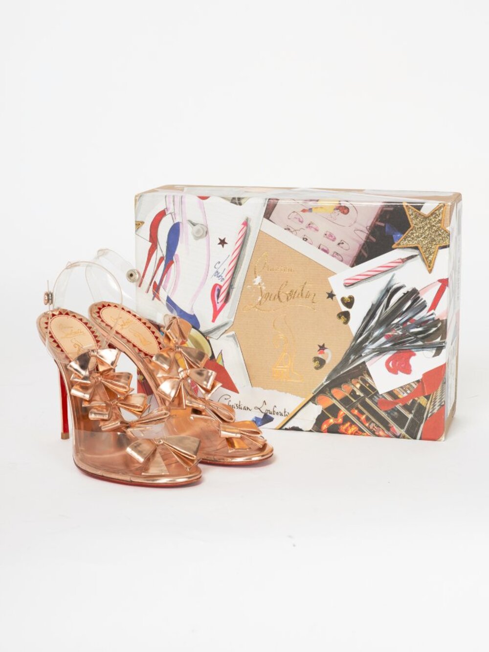 Christian Louboutin 20 Ans Bow Bow 100 Nude Specchio Calf & PVC Sandals